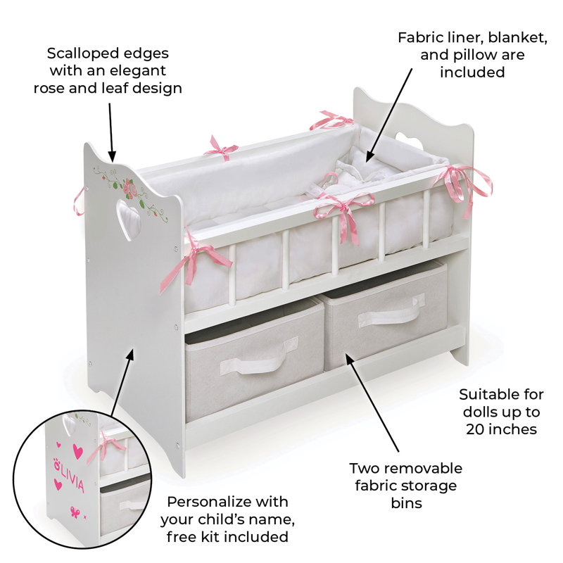 Badger Basket Cabinet Doll Crib with Gingham Bedding, Musical Mobile, Wheels, and Free Personalizati